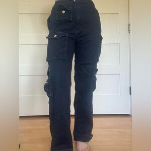 EB denim navy blue cargo jeans + comfy, elastic waist band, and usable pockets
